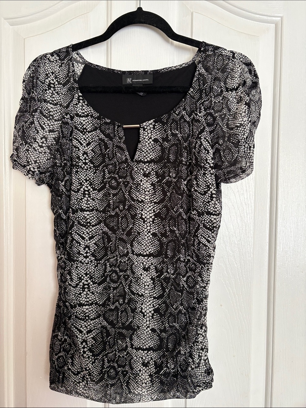 INC International Concepts Black and White Snake Print Short Sleeve Top